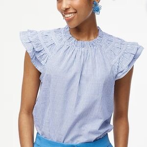 J Crew Factory Striped Flutter Sleeve Top Blue BP915 SZ Large NWT